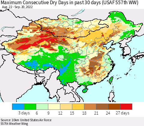 China, Mongolia and Taiwan Maximum Consecutive Dry Days in past 30 days (USAF 557th WW) 09/20/2022 Thematic Map For 9/16/2022 - 9/20/2022