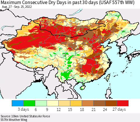 China, Mongolia and Taiwan Maximum Consecutive Dry Days in past 30 days (USAF 557th WW) 09/25/2022 Thematic Map For 9/21/2022 - 9/25/2022
