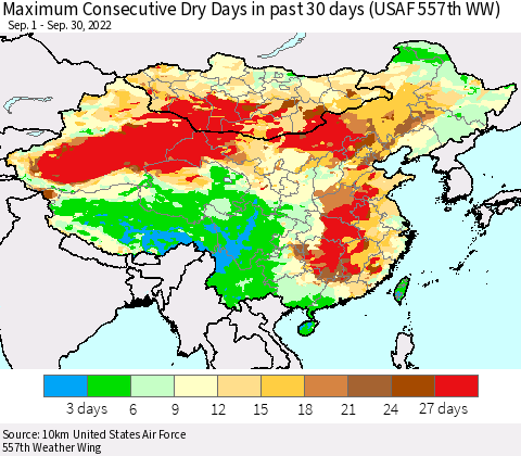 China, Mongolia and Taiwan Maximum Consecutive Dry Days in past 30 days (USAF 557th WW) 09/30/2022 Thematic Map For 9/26/2022 - 9/30/2022
