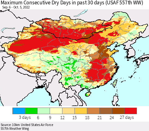 China, Mongolia and Taiwan Maximum Consecutive Dry Days in past 30 days (USAF 557th WW) 10/05/2022 Thematic Map For 10/1/2022 - 10/5/2022