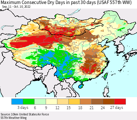 China, Mongolia and Taiwan Maximum Consecutive Dry Days in past 30 days (USAF 557th WW) 10/10/2022 Thematic Map For 10/6/2022 - 10/10/2022