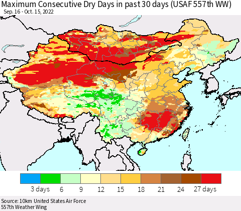 China, Mongolia and Taiwan Maximum Consecutive Dry Days in past 30 days (USAF 557th WW) 10/15/2022 Thematic Map For 10/11/2022 - 10/15/2022