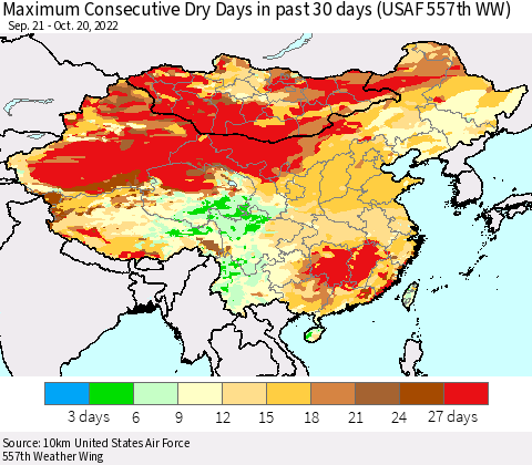 China, Mongolia and Taiwan Maximum Consecutive Dry Days in past 30 days (USAF 557th WW) 10/20/2022 Thematic Map For 10/16/2022 - 10/20/2022