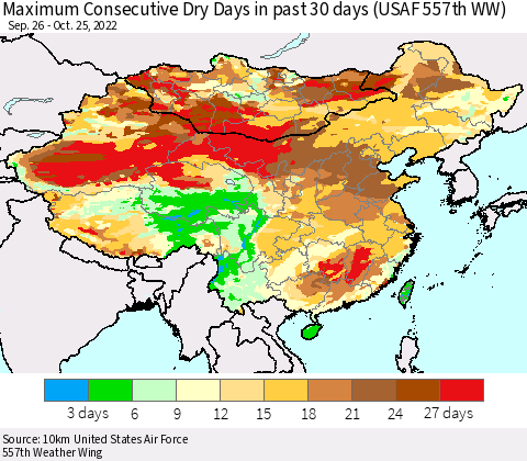 China, Mongolia and Taiwan Maximum Consecutive Dry Days in past 30 days (USAF 557th WW) 10/25/2022 Thematic Map For 10/21/2022 - 10/25/2022