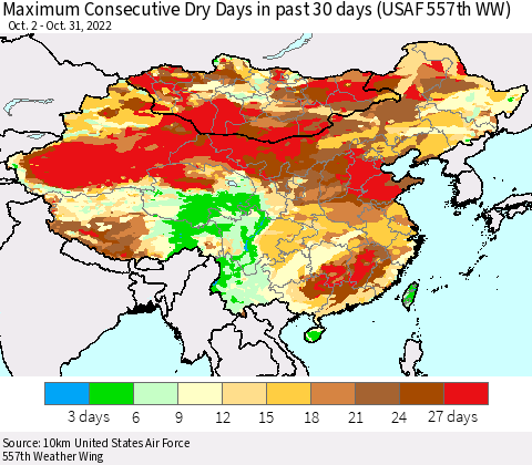 China, Mongolia and Taiwan Maximum Consecutive Dry Days in past 30 days (USAF 557th WW) 10/31/2022 Thematic Map For 10/26/2022 - 10/31/2022