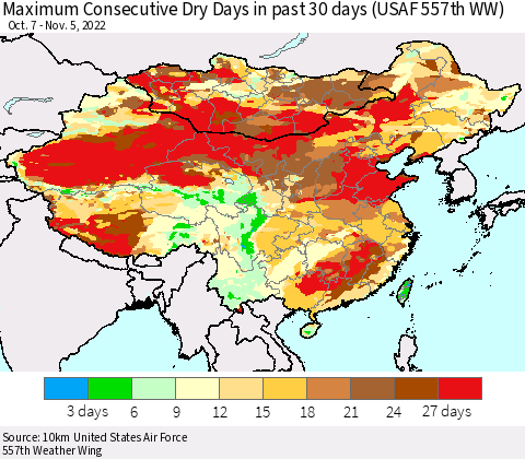 China, Mongolia and Taiwan Maximum Consecutive Dry Days in past 30 days (USAF 557th WW) 11/05/2022 Thematic Map For 11/1/2022 - 11/5/2022