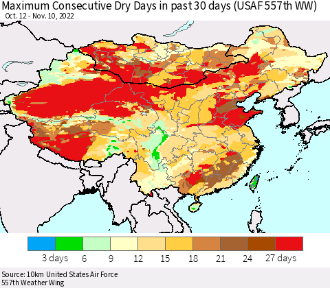 China, Mongolia and Taiwan Maximum Consecutive Dry Days in past 30 days (USAF 557th WW) 11/10/2022 Thematic Map For 11/6/2022 - 11/10/2022