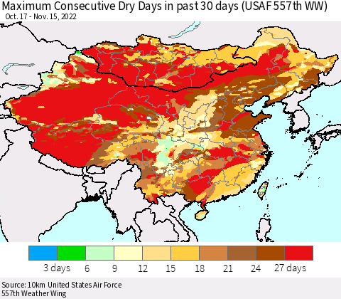 China, Mongolia and Taiwan Maximum Consecutive Dry Days in past 30 days (USAF 557th WW) 11/15/2022 Thematic Map For 11/11/2022 - 11/15/2022