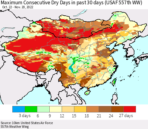 China, Mongolia and Taiwan Maximum Consecutive Dry Days in past 30 days (USAF 557th WW) 11/20/2022 Thematic Map For 11/16/2022 - 11/20/2022