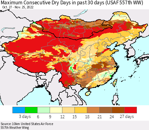 China, Mongolia and Taiwan Maximum Consecutive Dry Days in past 30 days (USAF 557th WW) 11/25/2022 Thematic Map For 11/21/2022 - 11/25/2022