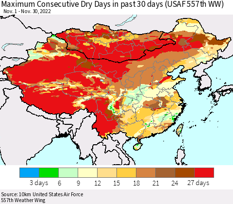 China, Mongolia and Taiwan Maximum Consecutive Dry Days in past 30 days (USAF 557th WW) 11/30/2022 Thematic Map For 11/26/2022 - 11/30/2022