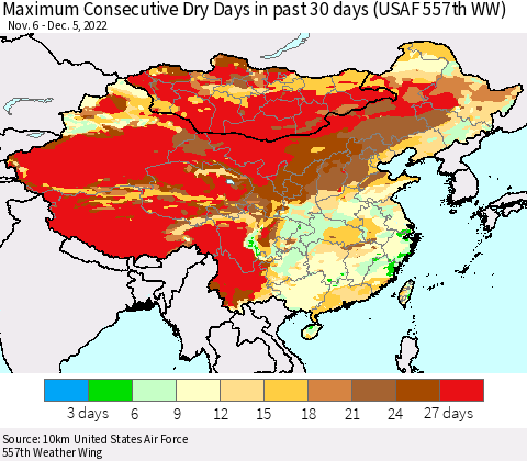 China, Mongolia and Taiwan Maximum Consecutive Dry Days in past 30 days (USAF 557th WW) 12/05/2022 Thematic Map For 12/1/2022 - 12/5/2022