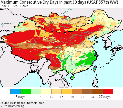 China, Mongolia and Taiwan Maximum Consecutive Dry Days in past 30 days (USAF 557th WW) 12/10/2022 Thematic Map For 12/6/2022 - 12/10/2022