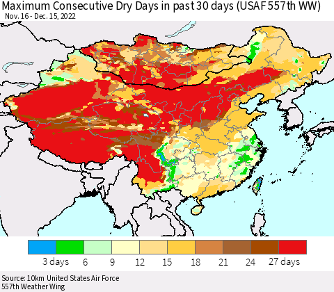 China, Mongolia and Taiwan Maximum Consecutive Dry Days in past 30 days (USAF 557th WW) 12/15/2022 Thematic Map For 12/11/2022 - 12/15/2022