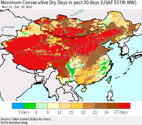 China, Mongolia and Taiwan Maximum Consecutive Dry Days in past 30 days (USAF 557th WW) 12/20/2022 Thematic Map For 12/16/2022 - 12/20/2022
