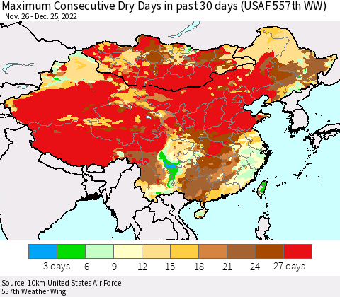China, Mongolia and Taiwan Maximum Consecutive Dry Days in past 30 days (USAF 557th WW) 12/25/2022 Thematic Map For 12/21/2022 - 12/25/2022