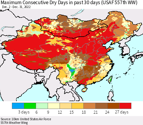 China, Mongolia and Taiwan Maximum Consecutive Dry Days in past 30 days (USAF 557th WW) 12/31/2022 Thematic Map For 12/26/2022 - 12/31/2022