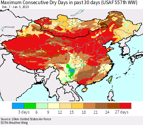 China, Mongolia and Taiwan Maximum Consecutive Dry Days in past 30 days (USAF 557th WW) 01/05/2023 Thematic Map For 1/1/2023 - 1/5/2023