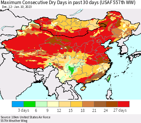 China, Mongolia and Taiwan Maximum Consecutive Dry Days in past 30 days (USAF 557th WW) 01/10/2023 Thematic Map For 1/6/2023 - 1/10/2023