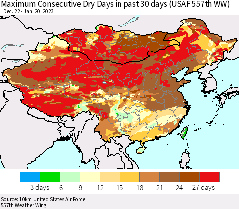 China, Mongolia and Taiwan Maximum Consecutive Dry Days in past 30 days (USAF 557th WW) 01/20/2023 Thematic Map For 1/16/2023 - 1/20/2023