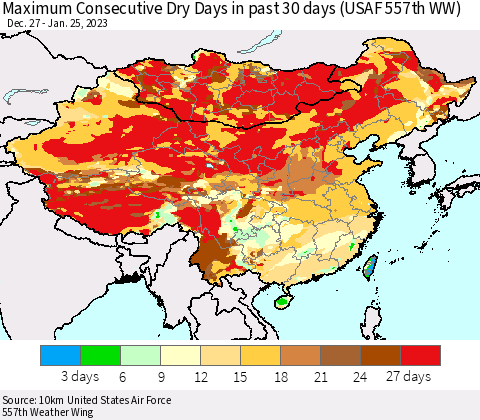 China, Mongolia and Taiwan Maximum Consecutive Dry Days in past 30 days (USAF 557th WW) 01/25/2023 Thematic Map For 1/21/2023 - 1/25/2023