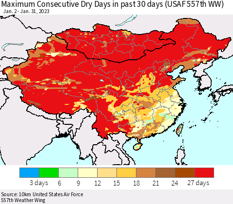 China, Mongolia and Taiwan Maximum Consecutive Dry Days in past 30 days (USAF 557th WW) 01/31/2023 Thematic Map For 1/26/2023 - 1/31/2023