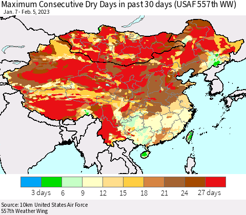 China, Mongolia and Taiwan Maximum Consecutive Dry Days in past 30 days (USAF 557th WW) 02/05/2023 Thematic Map For 2/1/2023 - 2/5/2023