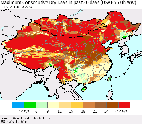 China, Mongolia and Taiwan Maximum Consecutive Dry Days in past 30 days (USAF 557th WW) 02/10/2023 Thematic Map For 2/6/2023 - 2/10/2023