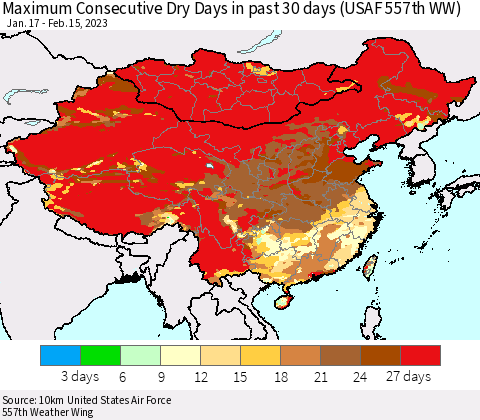 China, Mongolia and Taiwan Maximum Consecutive Dry Days in past 30 days (USAF 557th WW) 02/15/2023 Thematic Map For 2/11/2023 - 2/15/2023