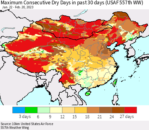 China, Mongolia and Taiwan Maximum Consecutive Dry Days in past 30 days (USAF 557th WW) 02/20/2023 Thematic Map For 2/16/2023 - 2/20/2023