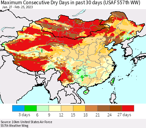 China, Mongolia and Taiwan Maximum Consecutive Dry Days in past 30 days (USAF 557th WW) 02/25/2023 Thematic Map For 2/21/2023 - 2/25/2023