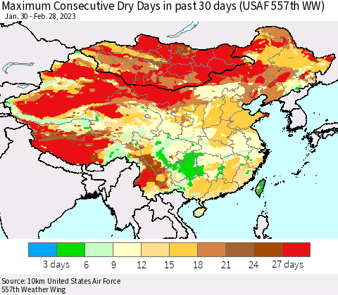 China, Mongolia and Taiwan Maximum Consecutive Dry Days in past 30 days (USAF 557th WW) 02/28/2023 Thematic Map For 2/26/2023 - 2/28/2023
