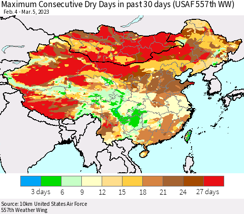 China, Mongolia and Taiwan Maximum Consecutive Dry Days in past 30 days (USAF 557th WW) 03/05/2023 Thematic Map For 3/1/2023 - 3/5/2023