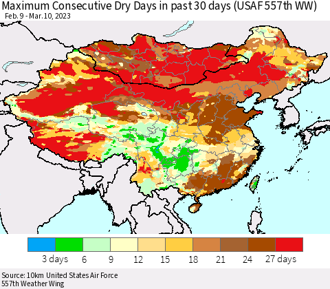 China, Mongolia and Taiwan Maximum Consecutive Dry Days in past 30 days (USAF 557th WW) 03/10/2023 Thematic Map For 3/6/2023 - 3/10/2023