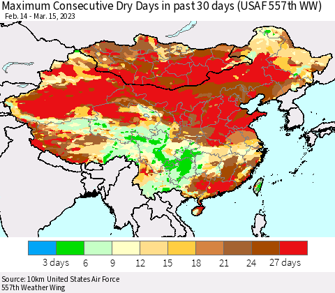 China, Mongolia and Taiwan Maximum Consecutive Dry Days in past 30 days (USAF 557th WW) 03/15/2023 Thematic Map For 3/11/2023 - 3/15/2023
