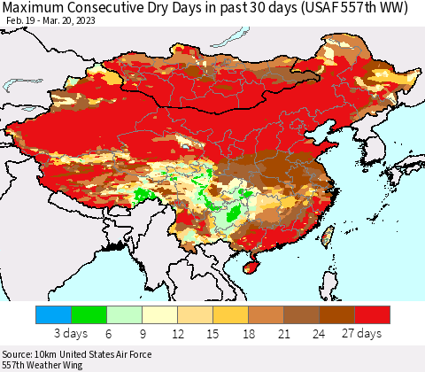 China, Mongolia and Taiwan Maximum Consecutive Dry Days in past 30 days (USAF 557th WW) 03/20/2023 Thematic Map For 3/16/2023 - 3/20/2023