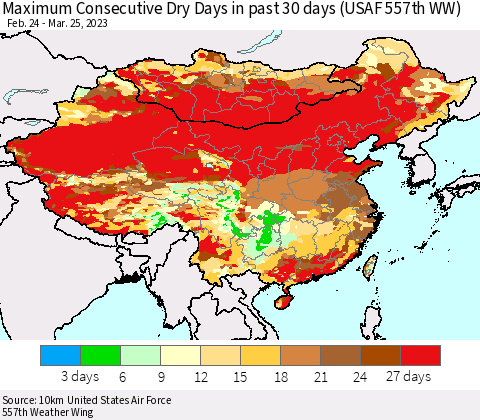 China, Mongolia and Taiwan Maximum Consecutive Dry Days in past 30 days (USAF 557th WW) 03/25/2023 Thematic Map For 3/21/2023 - 3/25/2023