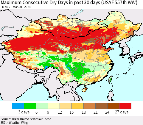 China, Mongolia and Taiwan Maximum Consecutive Dry Days in past 30 days (USAF 557th WW) 03/31/2023 Thematic Map For 3/26/2023 - 3/31/2023