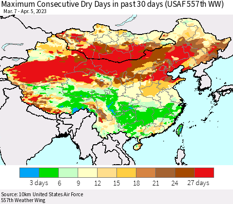 China, Mongolia and Taiwan Maximum Consecutive Dry Days in past 30 days (USAF 557th WW) 04/05/2023 Thematic Map For 4/1/2023 - 4/5/2023