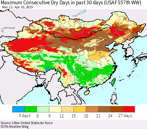 China, Mongolia and Taiwan Maximum Consecutive Dry Days in past 30 days (USAF 557th WW) 04/10/2023 Thematic Map For 4/6/2023 - 4/10/2023