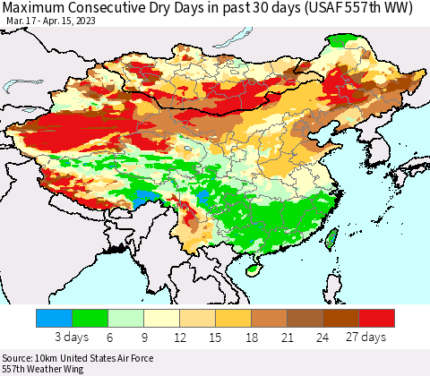 China, Mongolia and Taiwan Maximum Consecutive Dry Days in past 30 days (USAF 557th WW) 04/15/2023 Thematic Map For 4/11/2023 - 4/15/2023