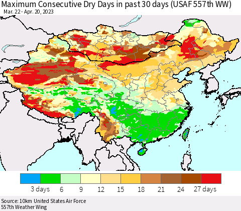 China, Mongolia and Taiwan Maximum Consecutive Dry Days in past 30 days (USAF 557th WW) 04/20/2023 Thematic Map For 4/16/2023 - 4/20/2023