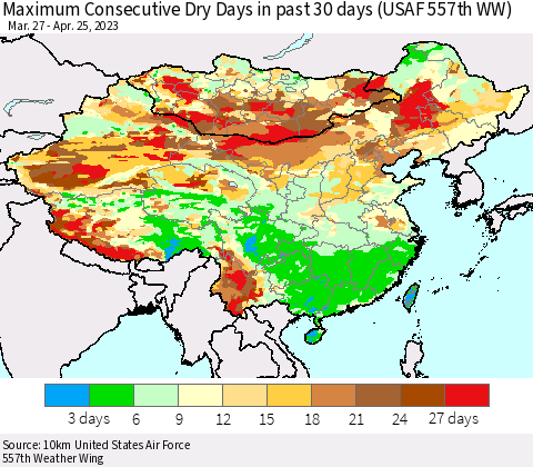 China, Mongolia and Taiwan Maximum Consecutive Dry Days in past 30 days (USAF 557th WW) 04/25/2023 Thematic Map For 4/21/2023 - 4/25/2023