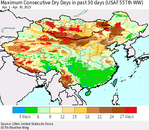 China, Mongolia and Taiwan Maximum Consecutive Dry Days in past 30 days (USAF 557th WW) 04/30/2023 Thematic Map For 4/26/2023 - 4/30/2023