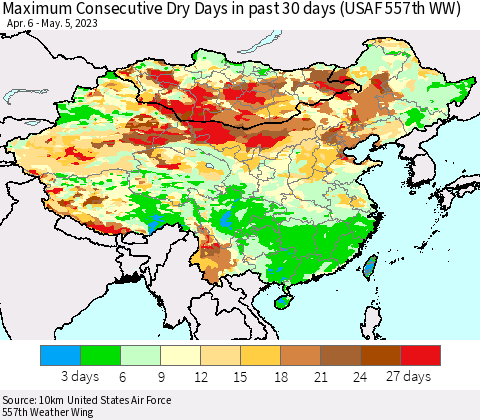 China, Mongolia and Taiwan Maximum Consecutive Dry Days in past 30 days (USAF 557th WW) 05/05/2023 Thematic Map For 5/1/2023 - 5/5/2023