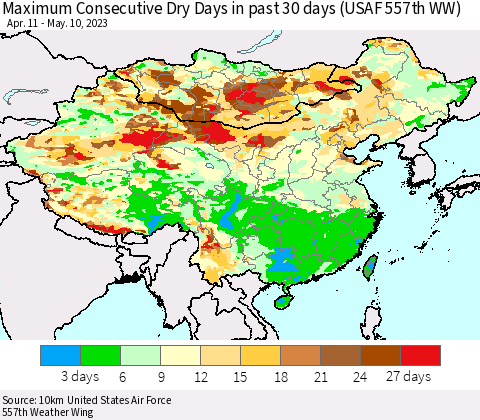 China, Mongolia and Taiwan Maximum Consecutive Dry Days in past 30 days (USAF 557th WW) 05/10/2023 Thematic Map For 5/6/2023 - 5/10/2023