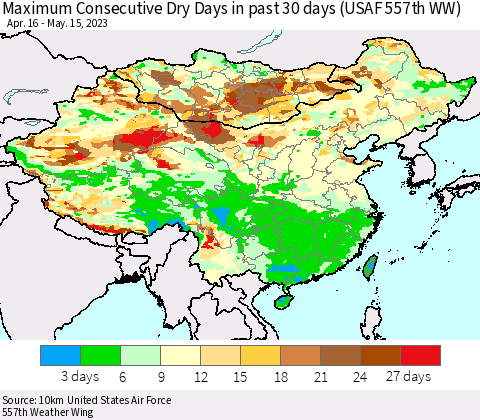 China, Mongolia and Taiwan Maximum Consecutive Dry Days in past 30 days (USAF 557th WW) 05/15/2023 Thematic Map For 5/11/2023 - 5/15/2023