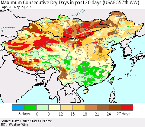 China, Mongolia and Taiwan Maximum Consecutive Dry Days in past 30 days (USAF 557th WW) 05/20/2023 Thematic Map For 5/16/2023 - 5/20/2023