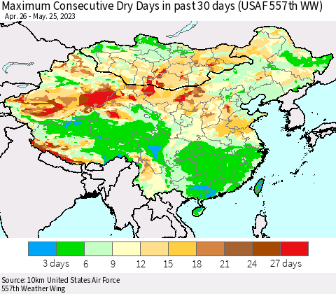 China, Mongolia and Taiwan Maximum Consecutive Dry Days in past 30 days (USAF 557th WW) 05/25/2023 Thematic Map For 5/21/2023 - 5/25/2023