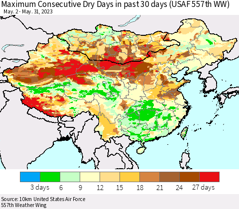 China, Mongolia and Taiwan Maximum Consecutive Dry Days in past 30 days (USAF 557th WW) 05/31/2023 Thematic Map For 5/26/2023 - 5/31/2023